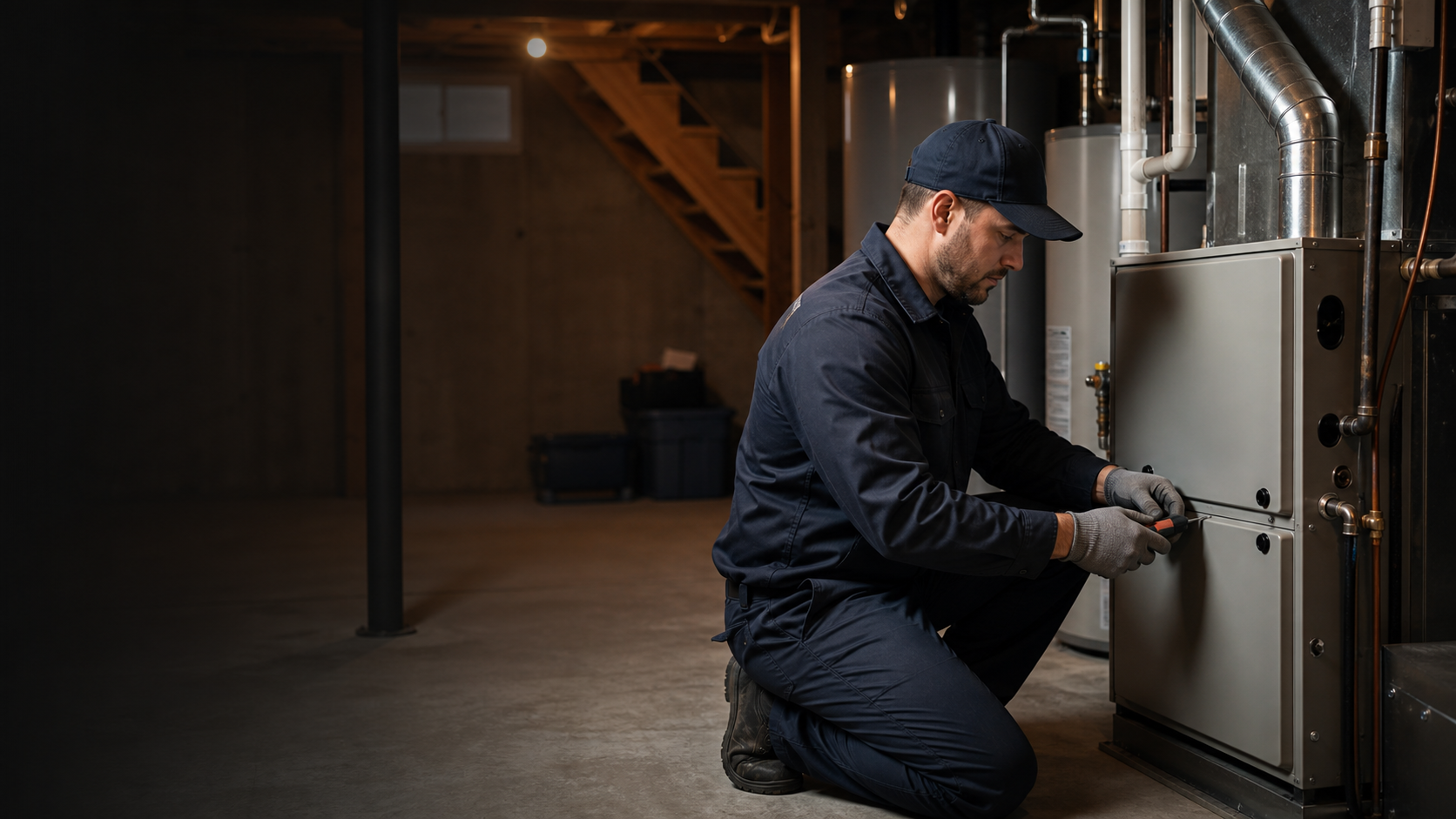 HVAC technician repairing a residential furnace