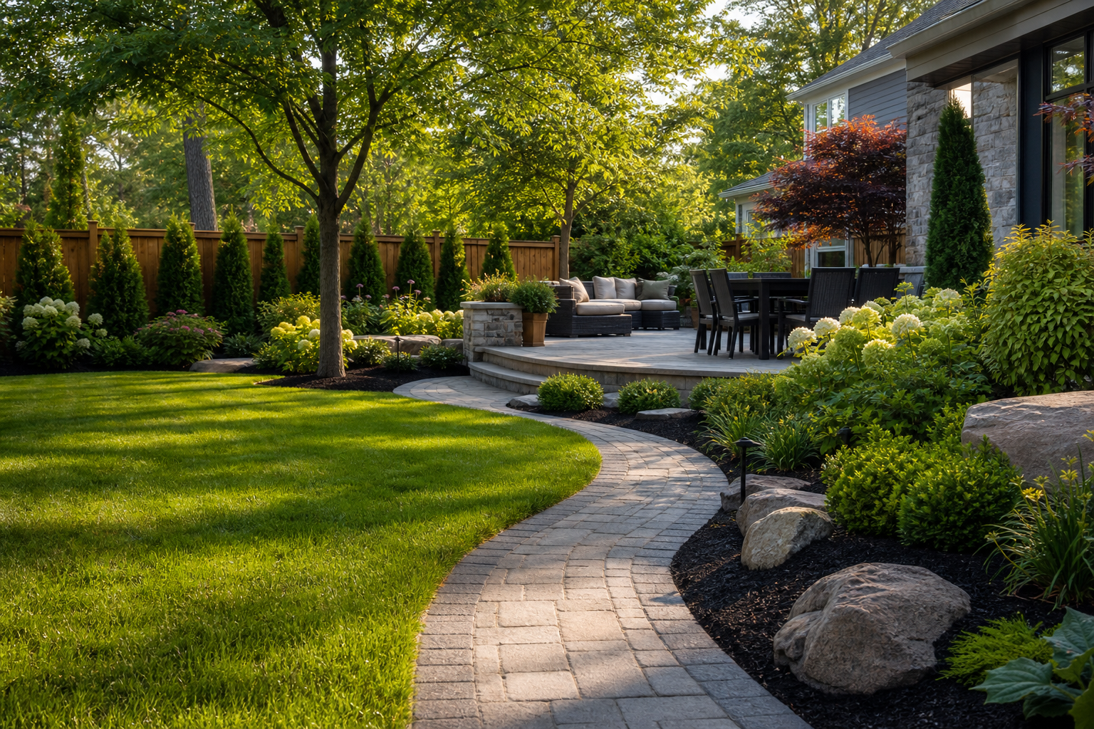 Finished backyard landscaping and paver walkway